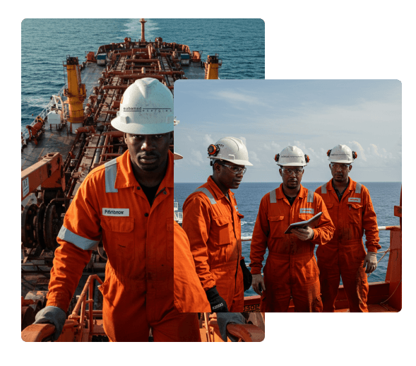 Energy workers in safety gear on an offshore platform